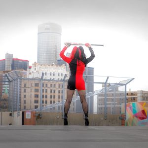 BDSM Dominatrix in Detroit red and black latex outfit
