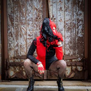 Detroit Domme Kat Morgan red and black leather