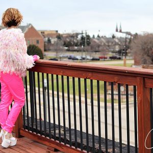 Satin Fetish Detroit Domme in pink with white high heels